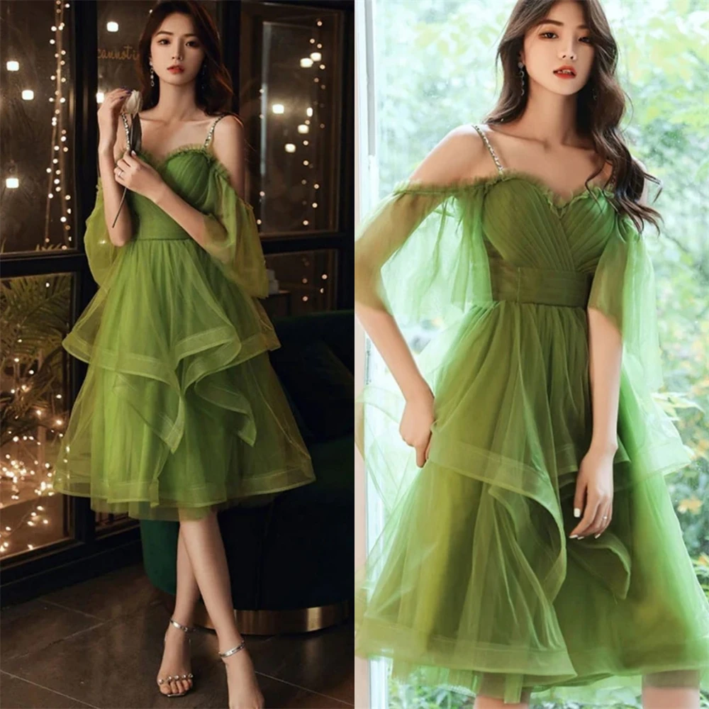 Sparkle Exquisite High Quality Tulle Ruffle Homecoming A-line Spaghetti Strap Bespoke Occasion Gown Knee Length Dresses