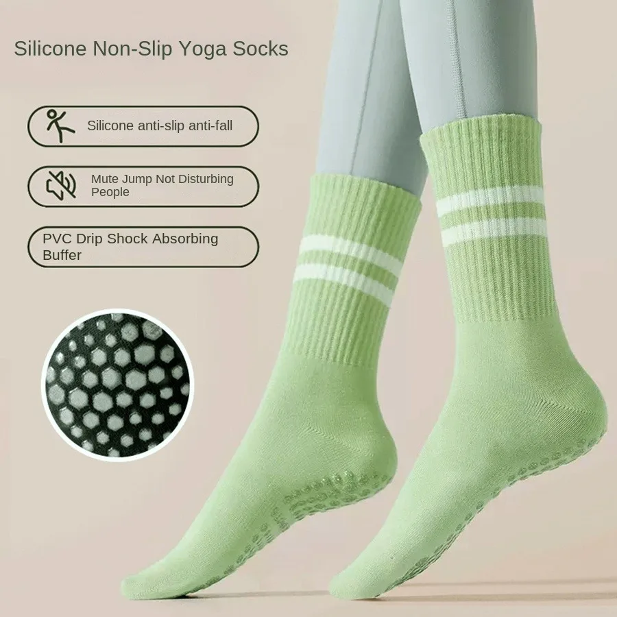 1 pair of women's yoga socks skipping rope sports socks Pilates indoor anti slip floor double bar mid leg socks
