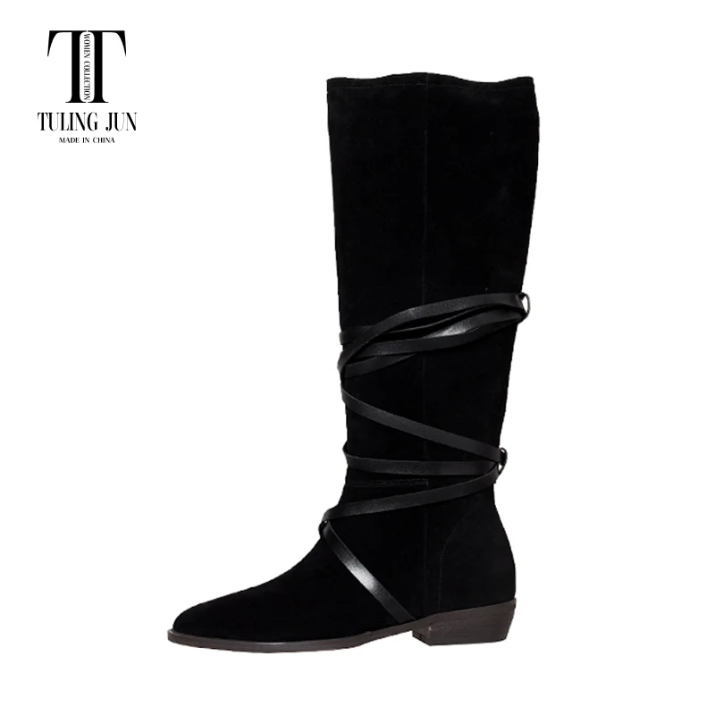 

TULING JUN 2023 Winter Women Concise Pointed Toe Low Heels Fashion Knee High Boots Soild Color Slip-On Boots For Female JD-F202