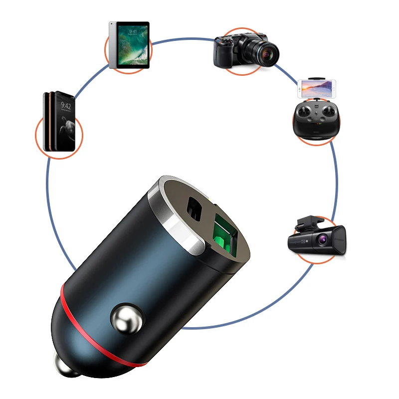 Car Phone Charger Car Invisible Fast Charger Super Fast Charging Car Cigarette Lighter Adapter Mini Portable Charger Dual Ports PD+USB