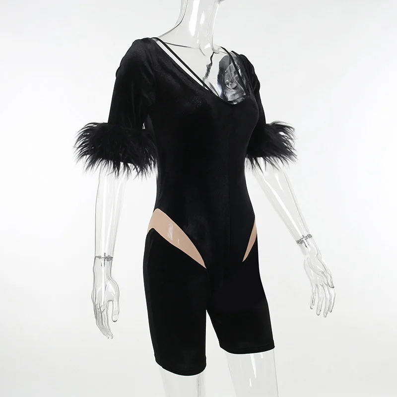 BKLD Autumn New Clothes For Women Fashion And Elegance Slim Fit Feather Sleeve Mesh Patchwork Transparent Romper One Pieces
