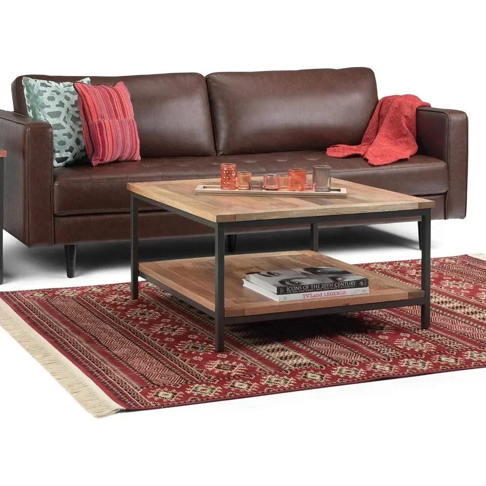 SOLID MANGO WOOD and Metal 34 Inch Wide Square Modern Industrial Coffee Table in Natural, for The Living Room and Family Room