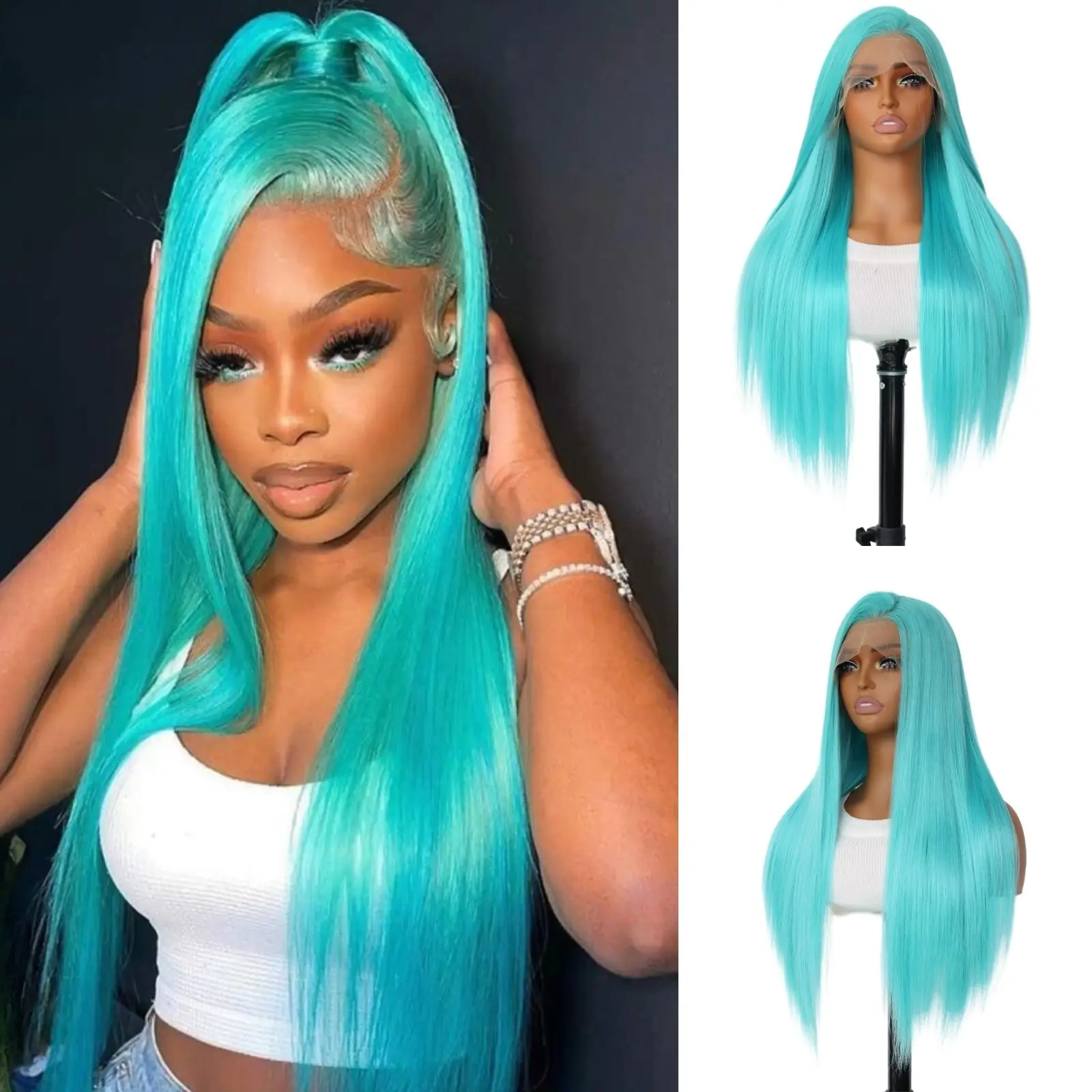 Mint Blue Color Synthetic Lace Front Wigs for Fashion Women 24 Inch Long Silky Straight Hair Mint Green Wig 13×4 HD Lace Front W