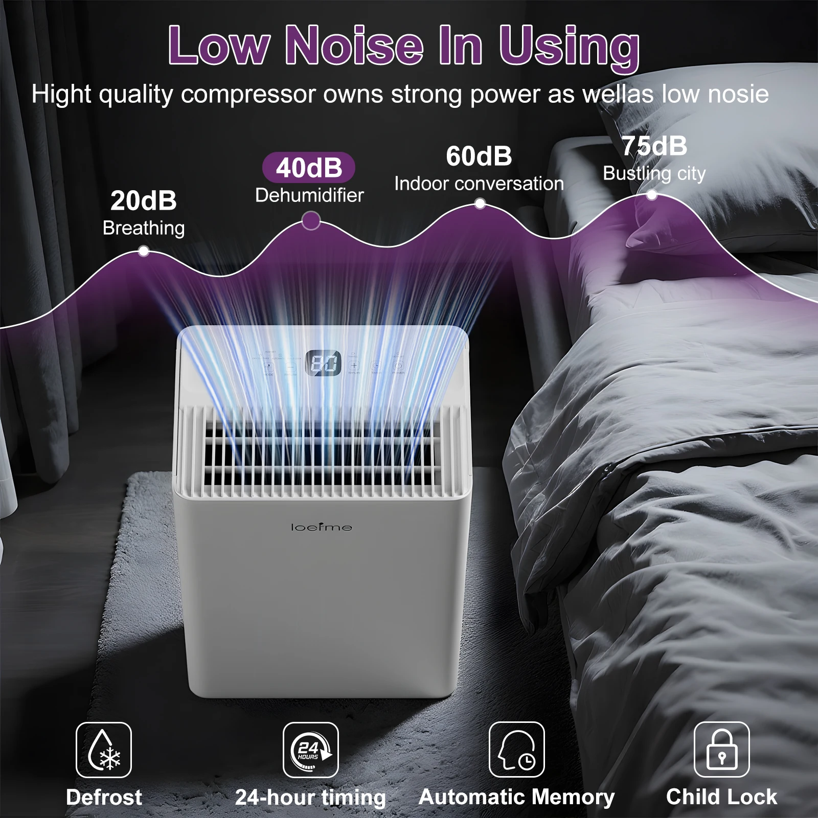 Déshumidificateur LOEFME 10L avec capteur d'humidité automatique, minuterie 24H, 3 modes pour la maison, affichage numérique à drainage continu, mode sèche-linge 6
