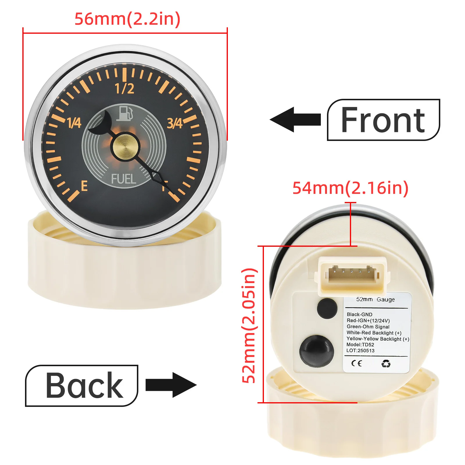 ZMFJH 레트로 빈티지 52MM 연료 레벨 게이지 (적색/황색) 0-190ohm 자동차 오일 탱크 레벨 센서 100-550MM 보트/요트용 9-32V