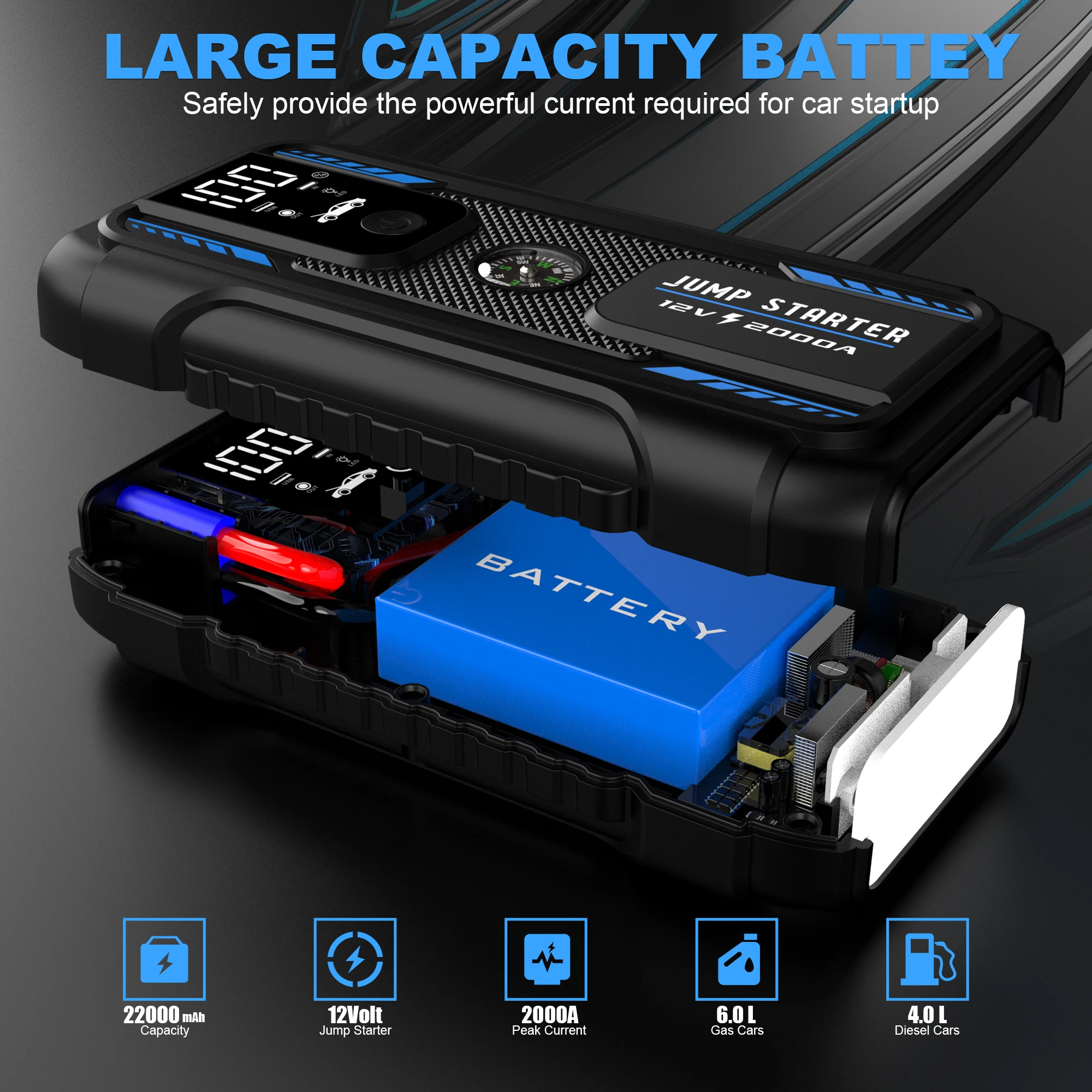 2000A 12V Portable Lithium Jump Starter Car Battery Booster Pack USB-C Powerbank Charger and Jumper Cables for Upto 6.0-Liter car jump starter jump starter