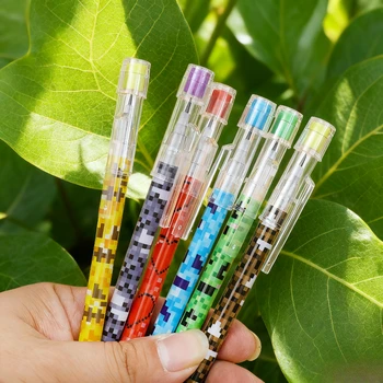 6 unsharpened mosaic pencils: 9-section break-resistant barrel + colorful pixel grip - retractable ink tip, smooth writing