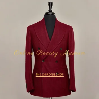 Men's jacket in red, elegant herringbone double breasted peak lapel premium blazer wedding groom dance party custom homme tuxedo