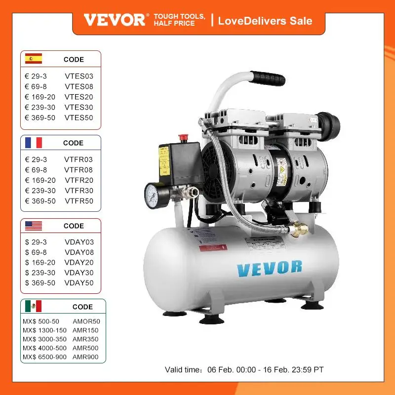 Compressore D'Aria Silenzioso Vevor 9L/30L Con Pistola A Spruzzo Pistola Ad Aria Compressa Pompa Del Compressore D'Aria Senza Olio Per La Riparazione 