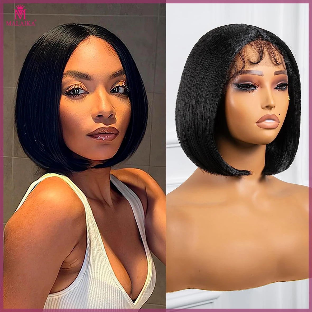 

Malaika Hair Straight Salon Short Bob Lace Front Human Hair Wigs 13x4 Brazilian Hair Bob wig Blunt Cut Bob Wigs With Baby Hair