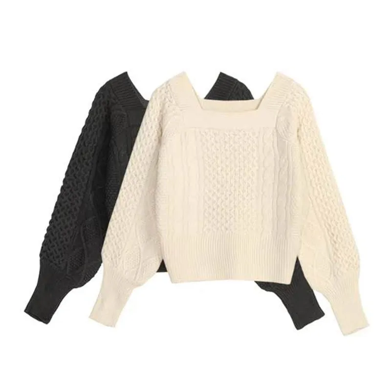 New Women's Lantern Sleeve Knitted Long Sleeve Sweater Fashion Square Neck Casual Loose Women's Solid Color Sweater