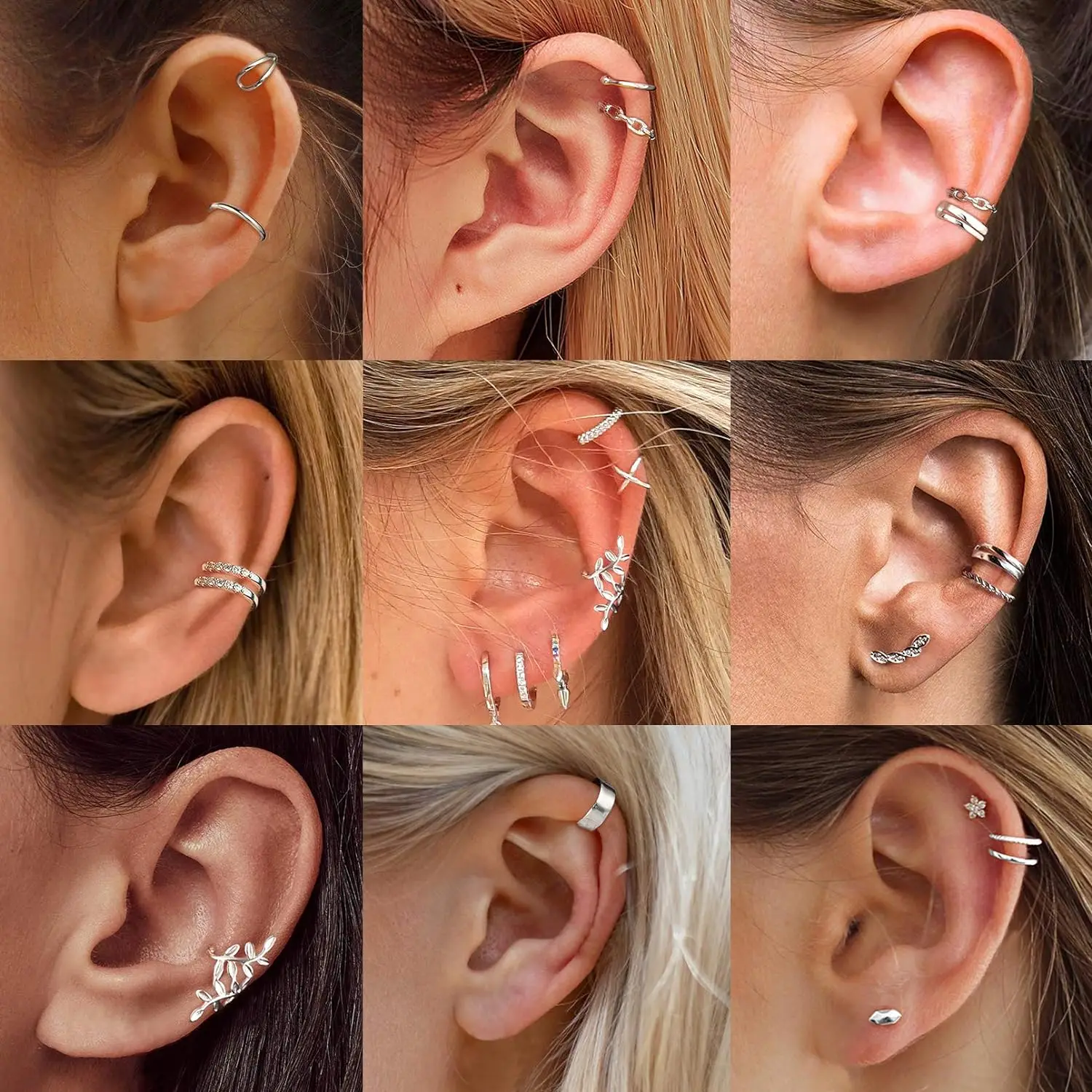 U7 925 Sterling Silver Ear Cuff Earrings for Women Moon Leaf Crown Non-Piercing Clip on Cartilage Stackable Weekly Daily Jewelry