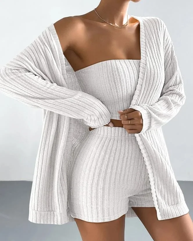 

Three Piece Set Women Outfit 2023 Autumn/winter New Fashion Casual Sexy Bandeau Crop Top &Shorts Set with Cardigan Y2K Clothing