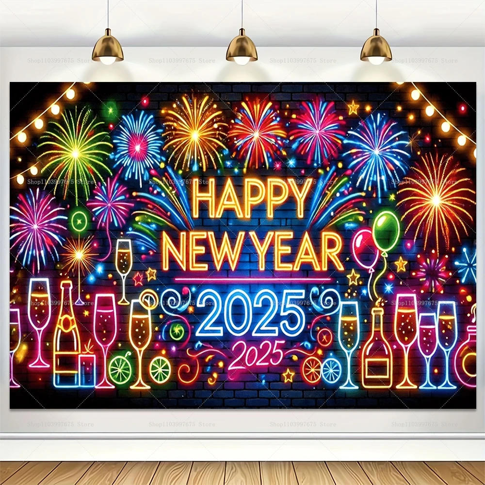 Description Picture 2 of item2025 Happy New Year Photo Backdrop Neon Glow Firework Ballon Graffiti Background Family Eve Party Decor Poster Banner Booth Prop