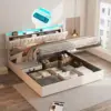 King Size Lift Up Storage Bed Frame, Height Adjustable Storage Headboard with Charging Station, LED Lights Upholstered Platform 1