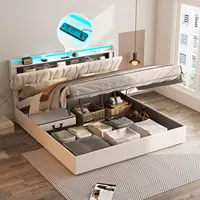 King Size Lift Up Storage Bed Frame, Height Adjustable Storage Headboard with Charging Station, LED Lights Upholstered Platform 1
