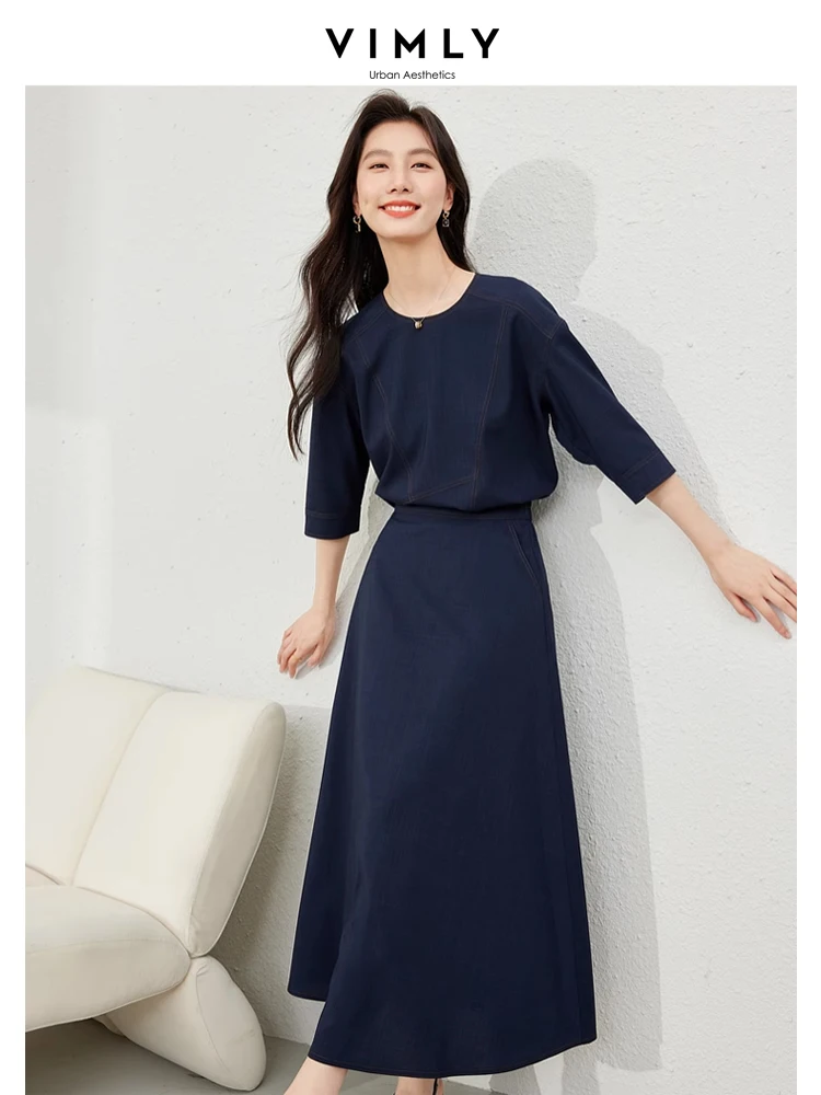 Vimly Two Piece Sets for Women Spring Elegant Outfits 2024 Simple Fashion Navy Blouse Elastic Waist Maxi Skirt Sets Woman M6250 vimly spring women s suit pant sets 2023 elegant fashion fake two piece striped shirt slim belted blazers jacket outfits v8059