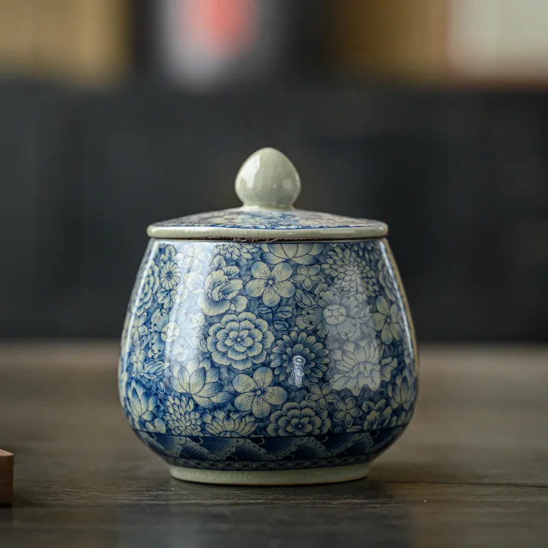 Tea Can Box Ceramic Tea Storage Jar Vintage Blue and White Cracked Sealed Jar Household Moisture-proof Teas Caddies Ceramic tea tin box,tea canister,ceramic storage jar,airtight container