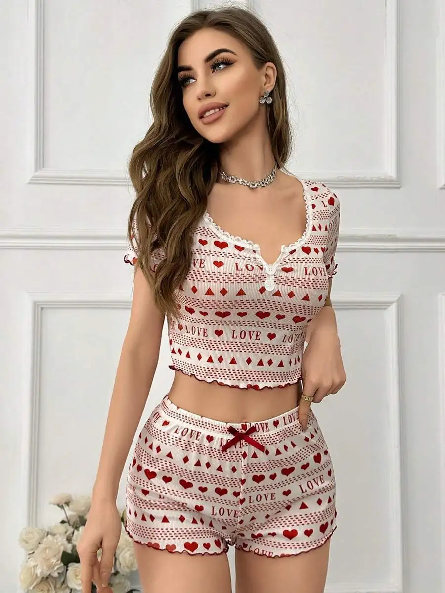 Womens Cute Love Heart Print Pajama Set Short Sleeve Crop Top Shorts Two Piece Lace Trim Lettuce Hem Y2K Loungewear Sleepwear