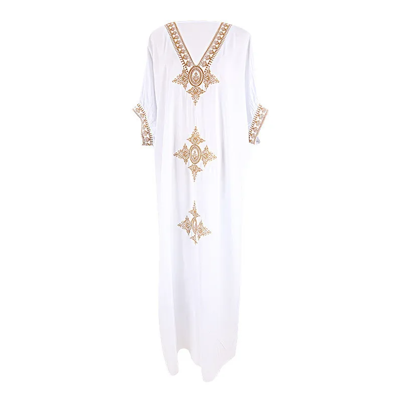 New Bohemian Retro Embroidered Bikini Cover Up Maxi Dress For Women Loose Beachwear Vintage Long Kaftan