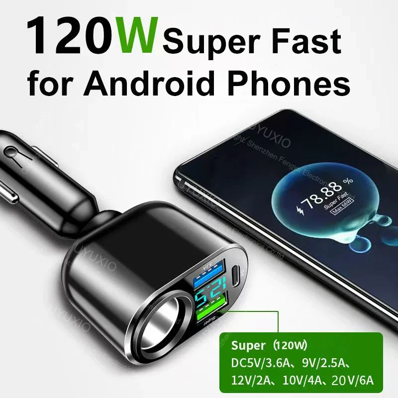UYUXIO Multi Port USB C Car Phone Charger PD 30W with Voltage Display Extend Port Super Fast Charge Adapter for iPhone Samsung