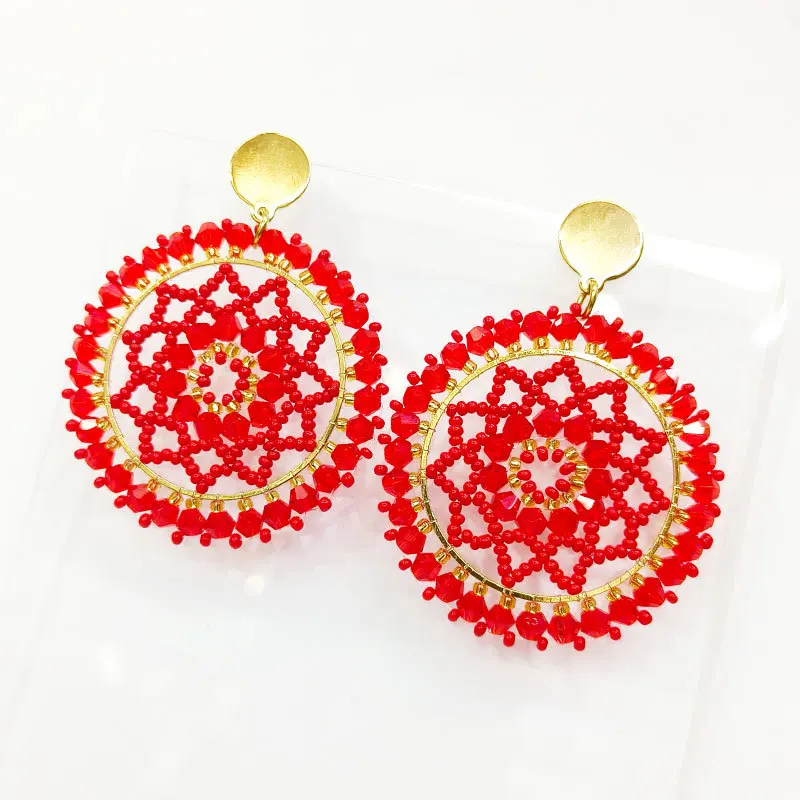 

Beaded earrings Roundness Weave a dream web Hollow out Red Tide Simple Hand knitting Bohemia Crystal Rice bead earrings