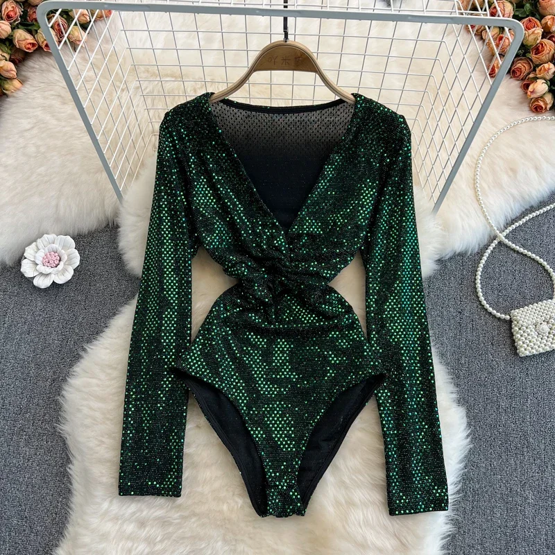 

Spring and Autumn New Fashionable Sexy V-neck Sequin Slim Fit Jumpsuit Women's High Waist Long Sleeve Bottoming Shirt Trendy Top