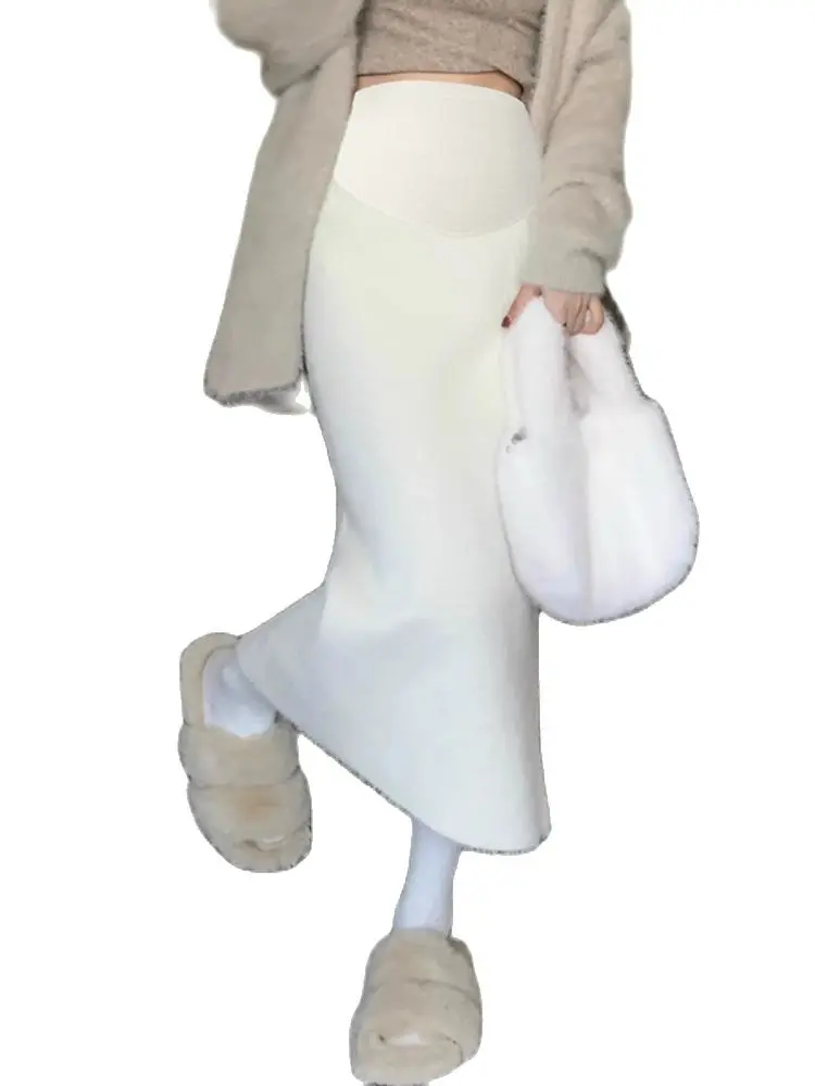 Winter Maternity Belly Skirt Solid Color High Waist Faux Mink Fur Empired Straight Skirt Thick Warm Pregnant Woman Pencil Skirts