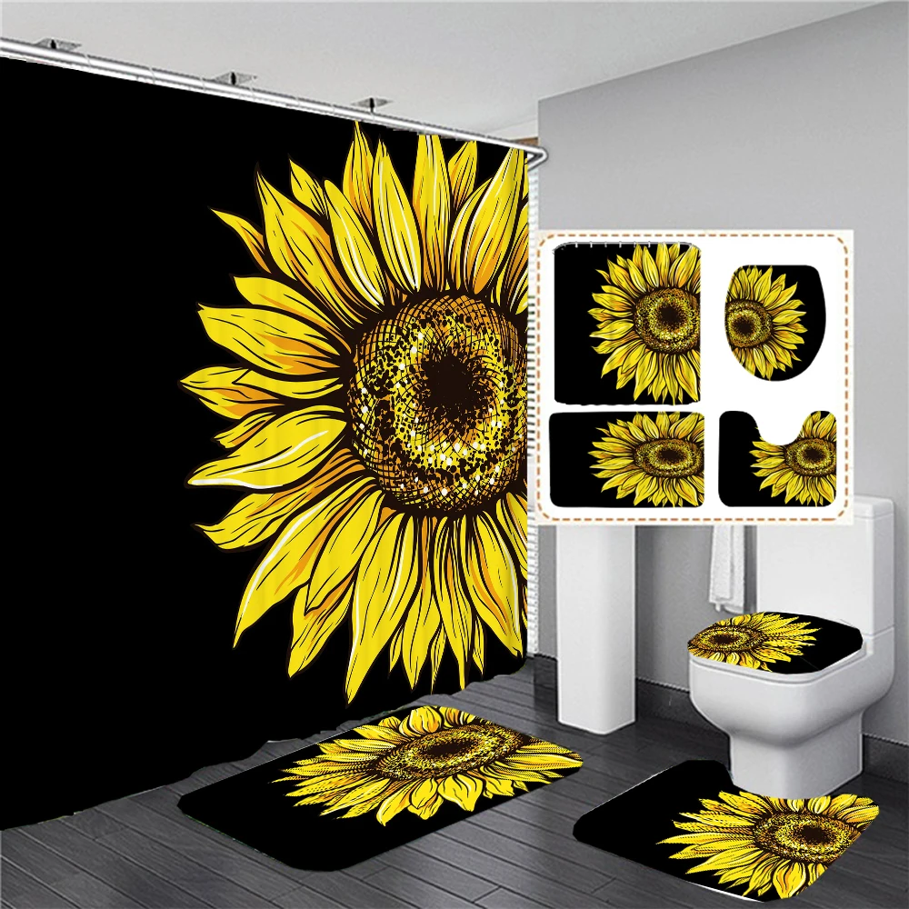 

Flower Sunflower Print 3D Shower Curtain Waterproof Polyester Bathroom Curtain Anti-slip Bath Mat Set Toilet Rugs Carpet Decor