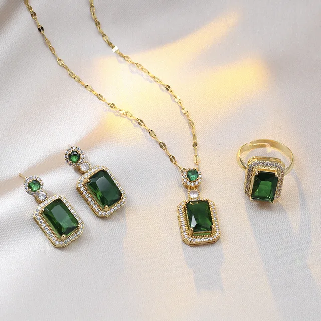 4PCS Sets Exquisite Quadrate Rhinestone Necklace Earrings Ring Jewelry Set Charm Ladies Jewelry Fashion Bridal Gifts 2