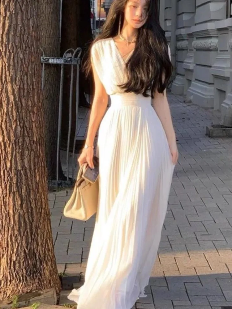 

Женские однотонные плиссированные длинные платья с V-образным вырезом, летнее элегантное платье во французском стиле для отдыха, свадебное платье с высокой талией, женская одежда