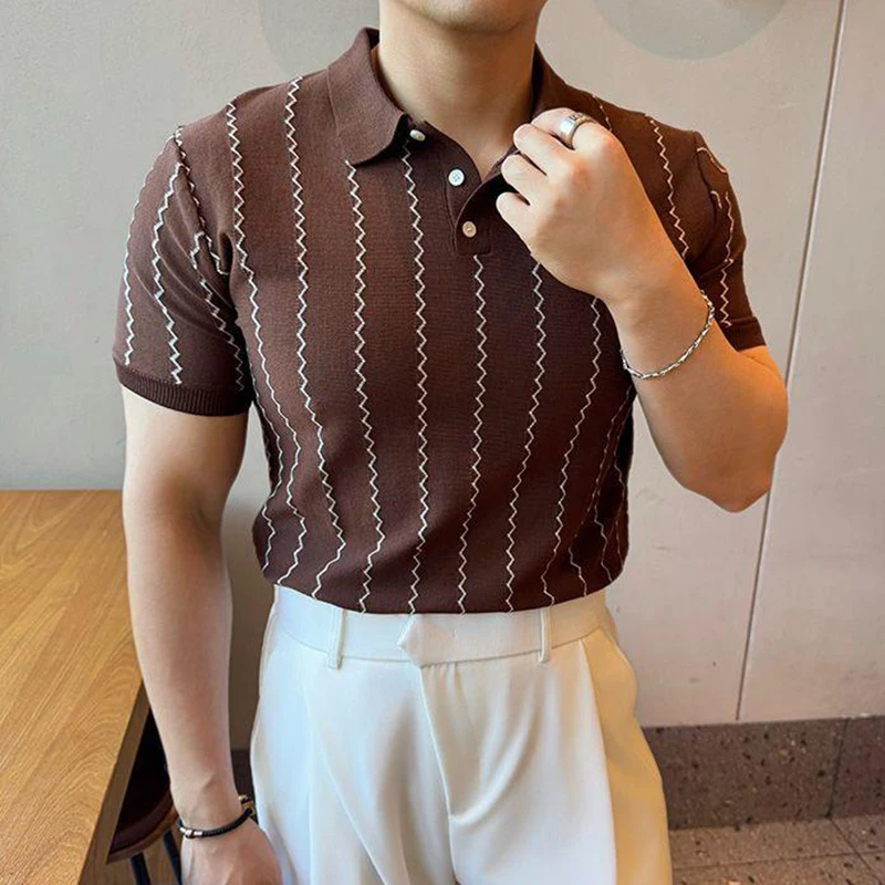 2025 Spring Summer New Casual Mens Polo Shirt Vintage Striped Crochet Buttoned Polo Neck Knit Tops Men Fashion Slim Fit Polos 14 Sfca64f7221f645569218f4a9c4bce762N