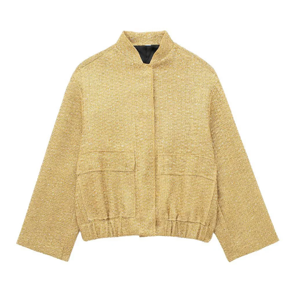 thumbnail image 1 of HH TRAF Chaqueta suelta de lentejuelas doradas de otoño para mujer Chaqueta bomber informal de manga larga brillante con bolsillos Abrigos de moda para mujer, 1 of 5