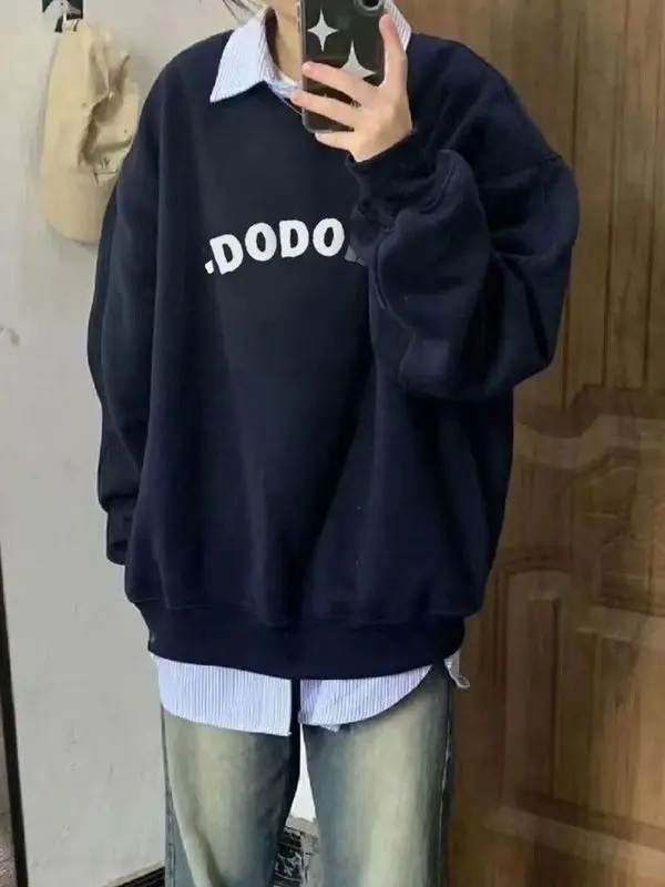 Retro navy blue American loose simple letter printed round neck sweatshirt spring and autumn oversize top chic aesthetic Y2K