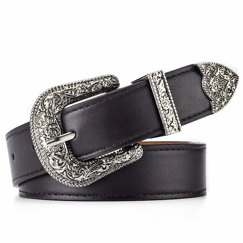 Vintage Carved Needle Buckle Unisex Punk Rock PU Leather Belt