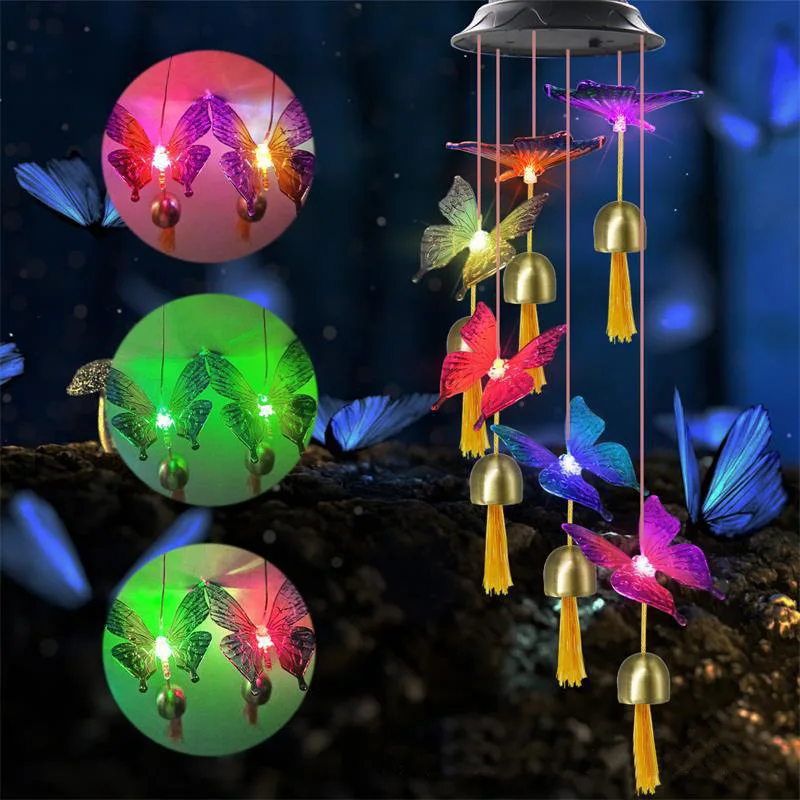 Color Changing Solar Power Wind Chime Hummingbird Angel Butterfly Waterproof Outdoor Decoration Light for Patio Yard Garden solar lights Solar Lamps