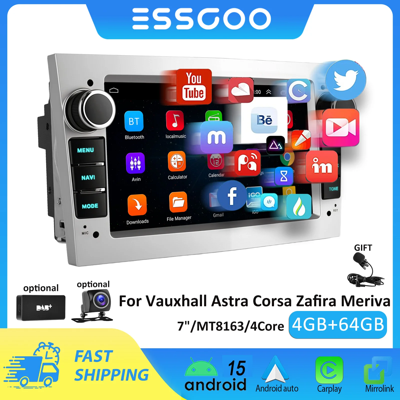 ESSGOO 7" Car Radio For Vauxhall Astra Corsa Zafira Meriva Android auto Carplay Car Stereo 4GB 64GB GPS 2din Automotive Multimedia Player