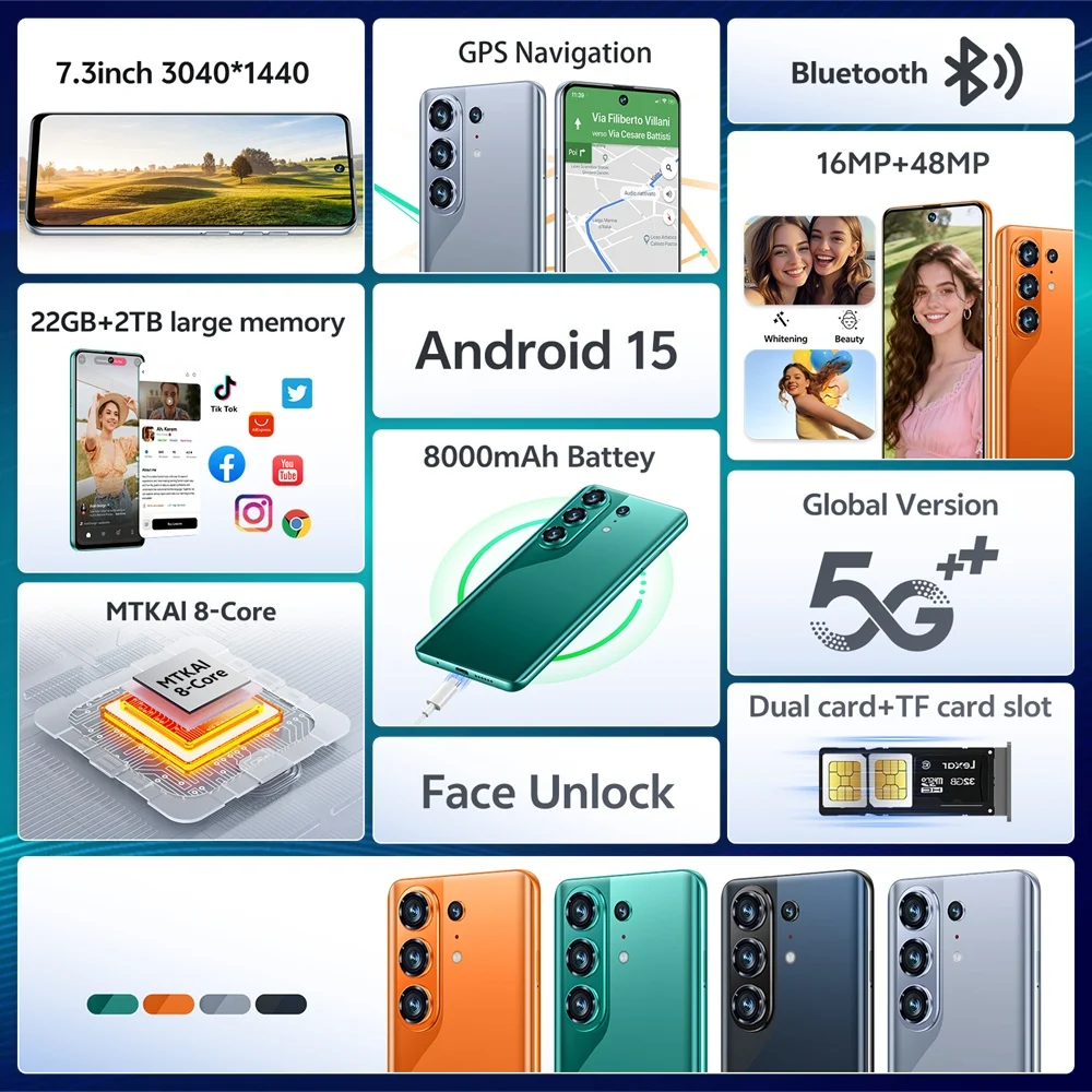 K-Touch New C26 Ultra Android 15 Mobile Phones 7.3 HD Cell Phone 22GB+2TB Smartphone 8000mAh Octa Core 5G Dual SIM 16+48MP Camera Cellphones