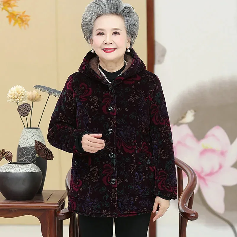 

New Middle-aged Women's Printed Cotton Jacket Winter Thickening Warm Corduroy Outerwear Female Long Hooded Parka Overcoat 5XL