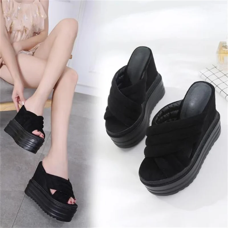

14CM wedge heel super high heels Korean version waterproof platform muffin thick bottom hollow fish mouth women's shoes summer s
