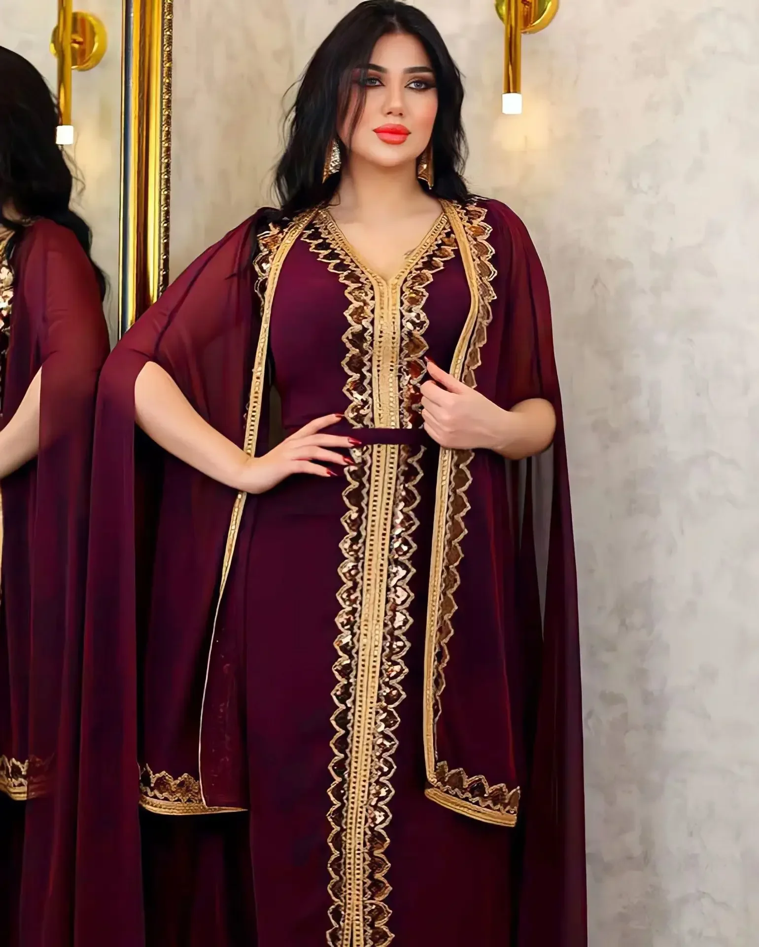 Dubai Party Dresses for Women Abaya Chiffon Sequins Muslim Dress Caftan 2 Piece Set Eid Kaftan Cloak Robe Suit Jalabiya Ramadan