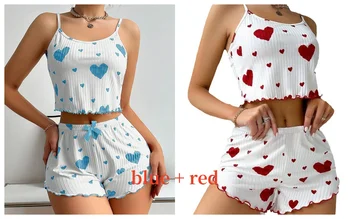 Women's Pajamas Set Sleepwear 2 PCS Short Tank Tops And Shorts S M L White Ventilate Soft Casual Love Printing 14