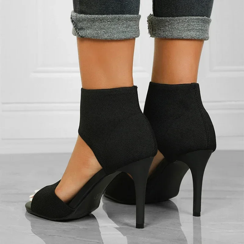 Women New Designer Knitted High Heels Sandals Summer Square Toe Thick Heeled Sandal Woman Sexy Slingbacks Black Party Shoes