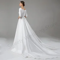 Modern Satin Wedding Dress Vestido De Noiva Customized Scoop Neck Half Sleeves Beading Stones A Line Bridal Gown for Women Bride 2