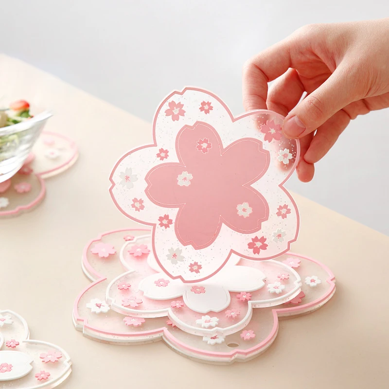 Lovely Cherry Blossom Coasters Kawaii Heat Insulation Table Mat for Tea Milk Cup Cute Desk Accessories Home Decoration Office 4sheets lovely vintage italy style folding stamps stickers diy multifunction sticker label home decoration