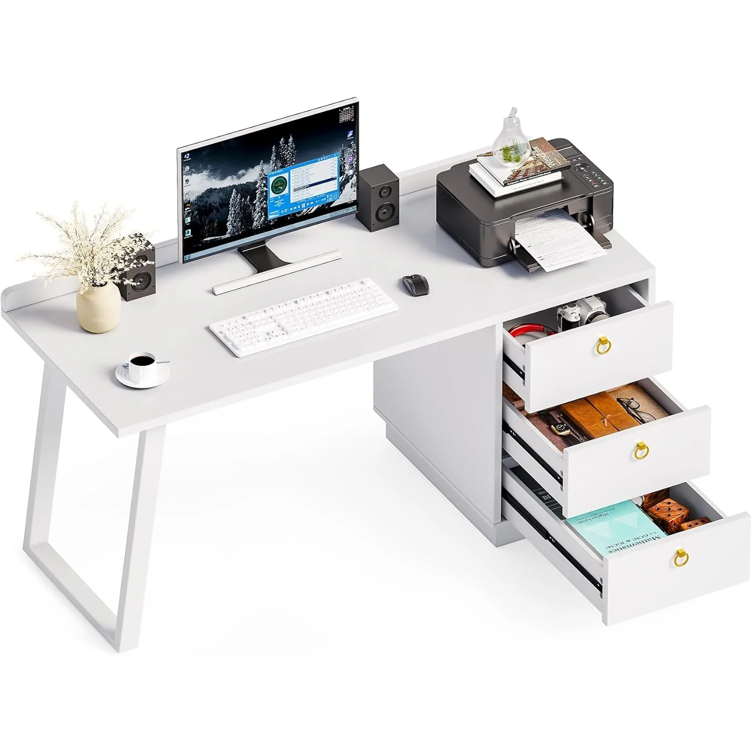 Computer Desk with Wood Drawers, Home Office Desk with Storage Office Desk Study Writing Desk Work Station for Office Bedroom 2