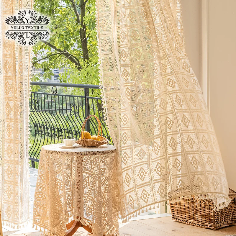 Cortina Ganchillo Beige Retro - Tul Hecho A Mano, Translúcido, Para Sala De Estar, Dormitorio