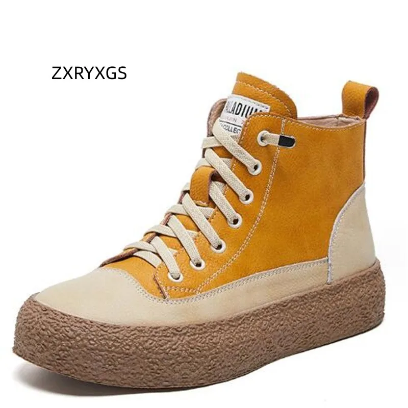 

ZXRYXGS 2023 Autumn Genuine Leather Boots Flat Platform Non-slip Wear-resistant Lace Up Short Boots Casual Sneakers Single Boots