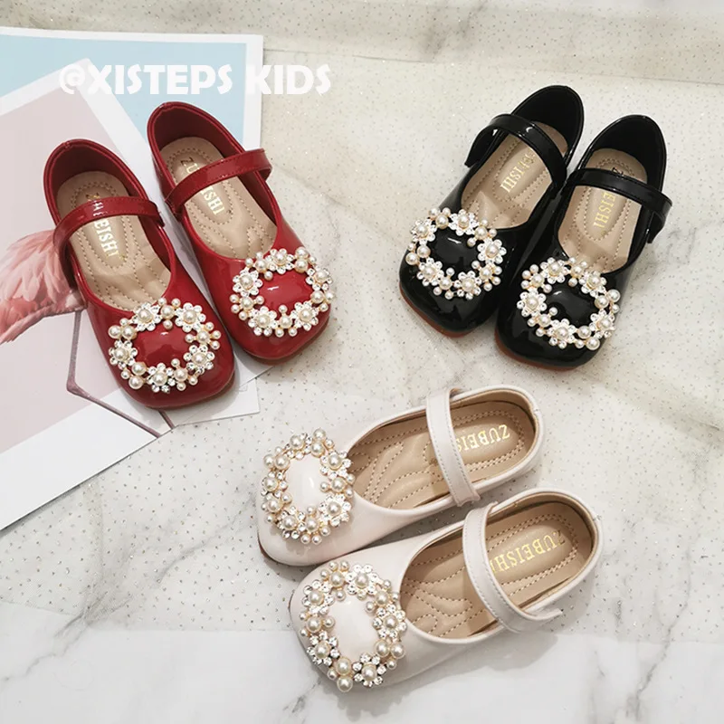

Beading Buckle Little Princess Girls Leather Mary Jane Shoes Red Black Beige Children Girls Party Dress Shoes Wedding Shoes Flat