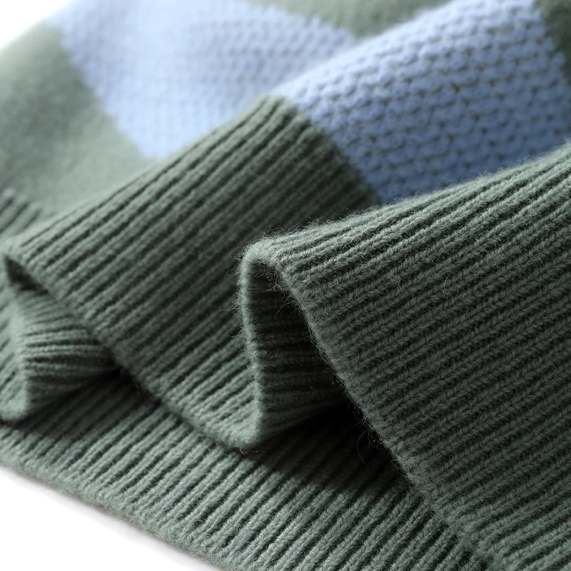 Autumn Winter 100% Merino Wool Thick Warm Men's Round Neck Sweater Knitted Pullover Contrasting Clothing Long Sleeves coat